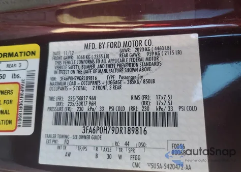 2013 Ford Fusion Se from USA, damaged, VIN 3FA6P0H79DR189816